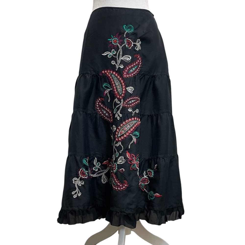 Carol Little Vintage 90s Black Silk Tiered Beaded Embroidered Floral Midi Skirt